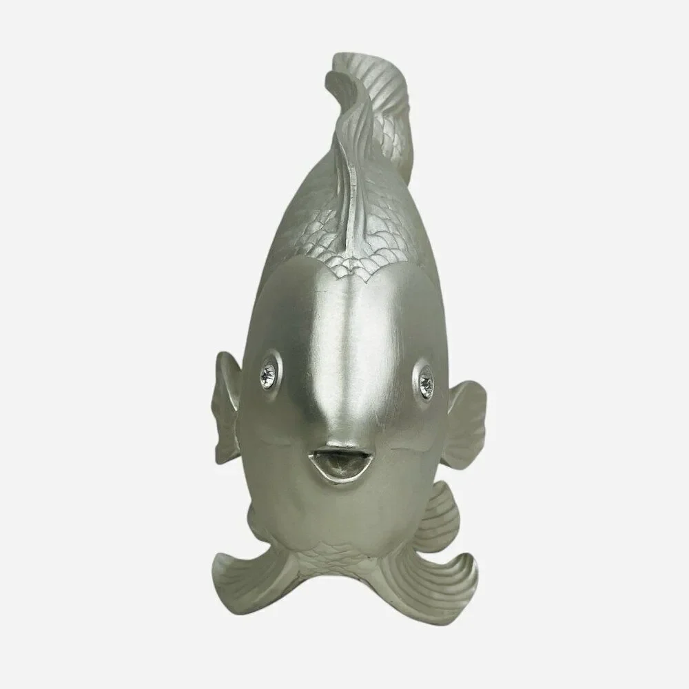 Large Silver Fantail Fish Resin Statue Jewel Rhinestone Eyes Sculpture Decor Art